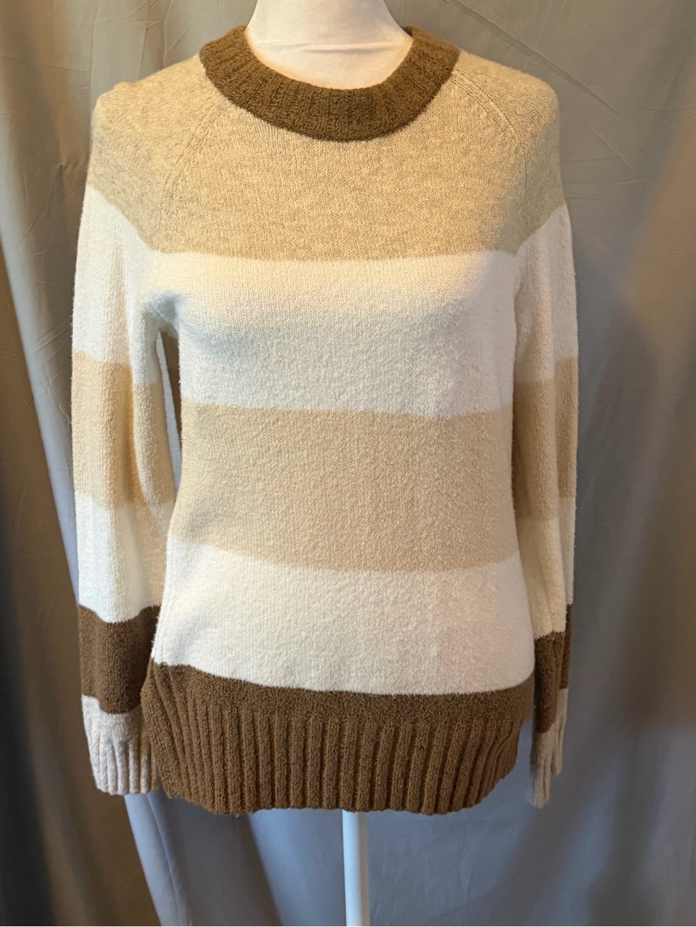 Time and Tru Cream, Tan and Brown Striped Crewneck Sweater, sz XS